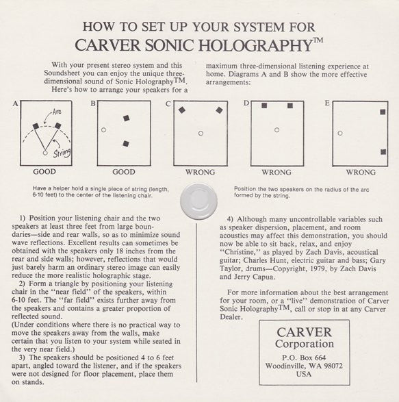 Carver Electronics Corporation : Introduction To Sonic Holography™ (Flexi, 6", Shape, S/Sided, Card, Smplr, Cle)