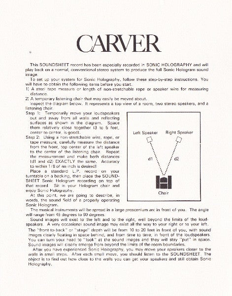 Carver Electronics Corporation : Introduction To Sonic Holography™ (Flexi, 6", Shape, S/Sided, Card, Smplr, Cle)