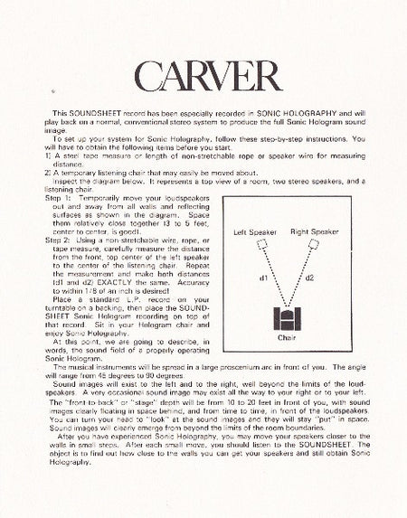 Carver Electronics Corporation : Introduction To Sonic Holography™ (Flexi, 6", Shape, S/Sided, Card, Smplr, Cle)