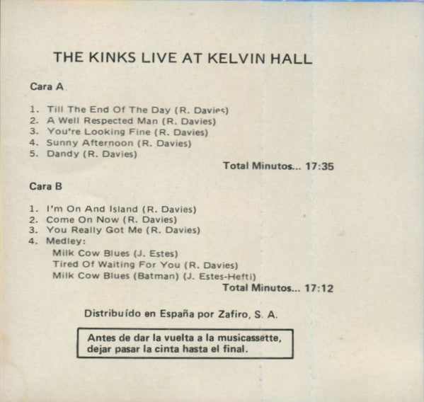 The Kinks : Live At Kelvin Hall (Cass, RE)