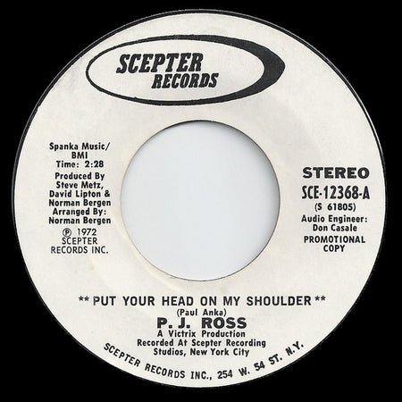 P.J. Ross : Put Your Head On My Shoulder (7", Single, Promo)