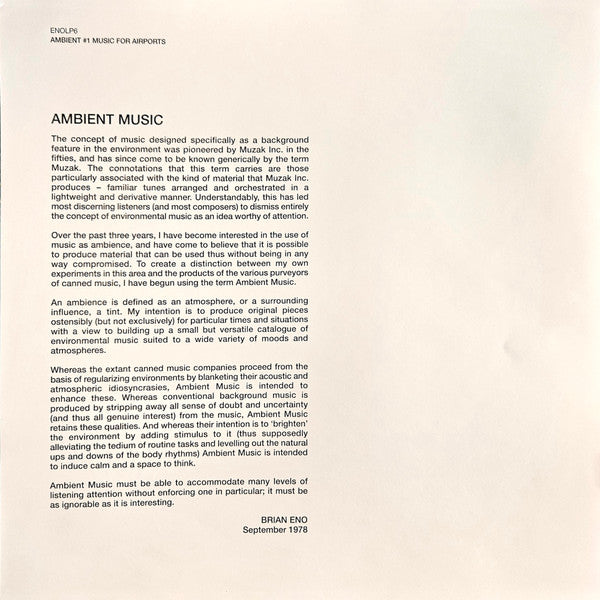 Brian Eno : Ambient 1 (Music For Airports) (LP, Album, RE, RM, RP, 180)