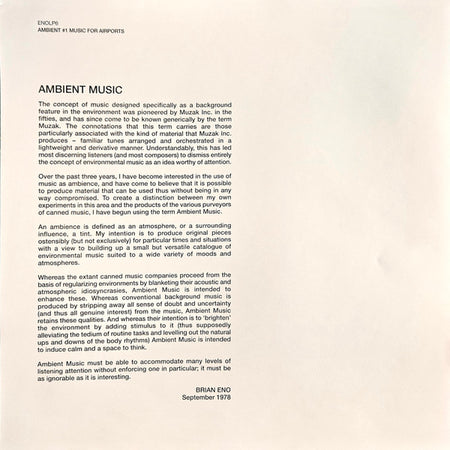 Brian Eno : Ambient 1 (Music For Airports) (LP, Album, RE, RM, RP, 180)