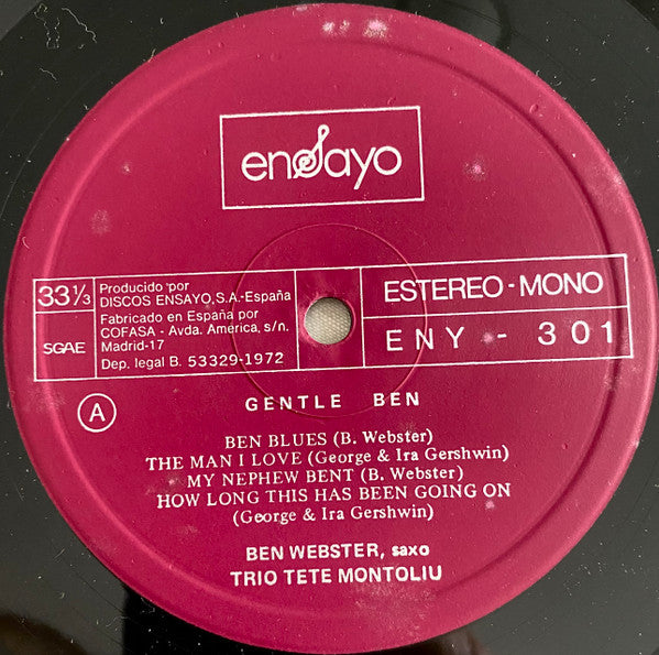 Ben Webster, Trio Tete Montoliu* : Gentle Ben (LP, Album, RP)