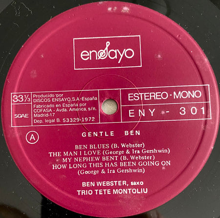 Ben Webster, Trio Tete Montoliu* : Gentle Ben (LP, Album, RP)