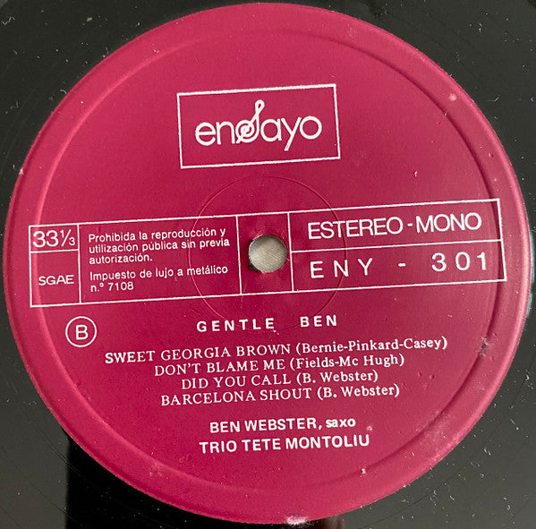 Ben Webster, Trio Tete Montoliu* : Gentle Ben (LP, Album, RP)