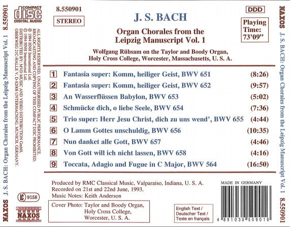 Johann Sebastian Bach - Wolfgang Rübsam (2) : Organ Chorales From The Leipzig Manuscript Vol. 1: BWV 651 - 658 / Toccata, Adagio And Fugue, BWV 564 (CD, Album)