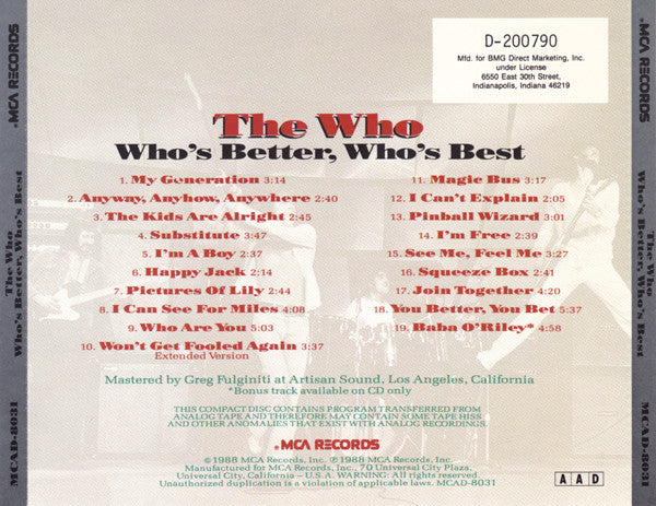 The Who : Who's Better, Who's Best (CD, Comp, Club)