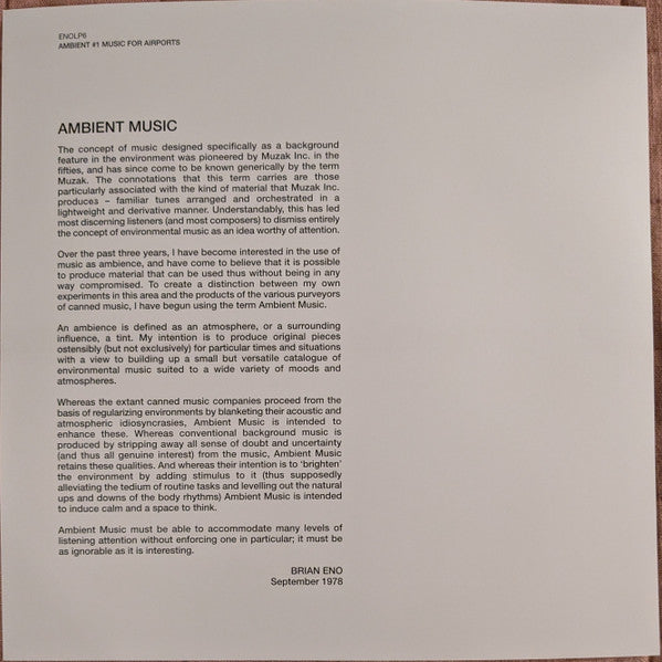 Brian Eno : Ambient 1 (Music For Airports) (LP, Album, RE)