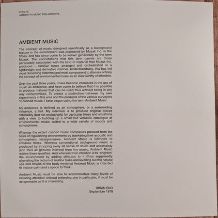 Brian Eno : Ambient 1 (Music For Airports) (LP, Album, RE)