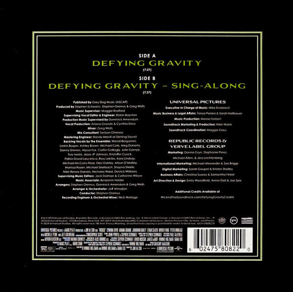 Cynthia Erivo Ft. Ariana Grande : Defying Gravity (7", Single, Ltd, Cle)