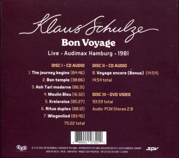 Klaus Schulze : Bon Voyage (Live • Audimax Hamburg • 1981) (2xCD, Album + DVD-V, PAL)