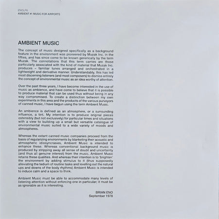 Brian Eno : Ambient 1 (Music For Airports) (LP, Album, RE, 180)