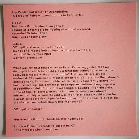 Bacillus / GX Jupitter-Larsen : The Prodromal Onset Of Degradation (A Study Of Polycyclic Audiopathy In Two Parts) (7", Single, Ltd, Red)