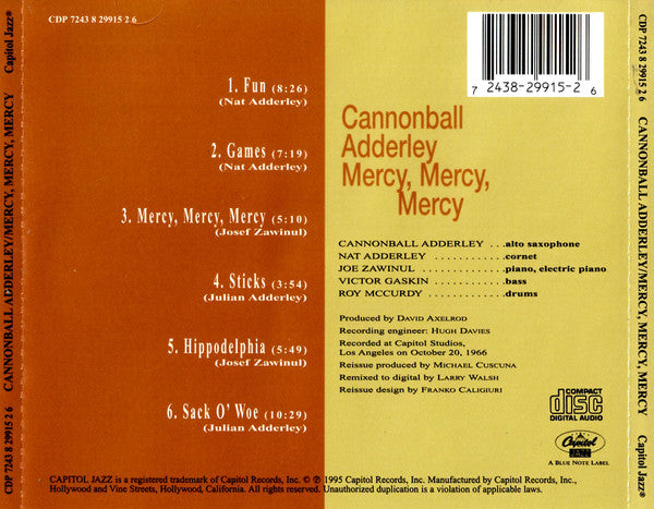 The Cannonball Adderley Quintet : Mercy, Mercy, Mercy! - Live At "The Club" (CD, Album, RE, EMI)