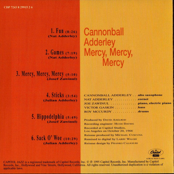 The Cannonball Adderley Quintet : Mercy, Mercy, Mercy! - Live At "The Club" (CD, Album, RE, EMI)