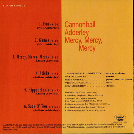 The Cannonball Adderley Quintet : Mercy, Mercy, Mercy! - Live At "The Club" (CD, Album, RE, EMI)