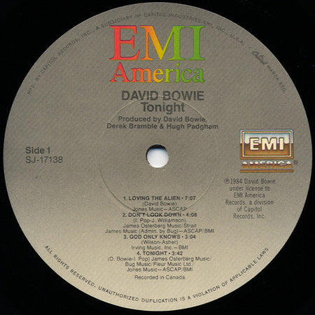 David Bowie : Tonight (LP, Album, Jac)