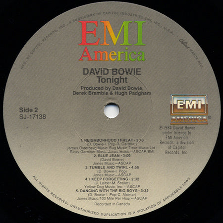 David Bowie : Tonight (LP, Album, Jac)