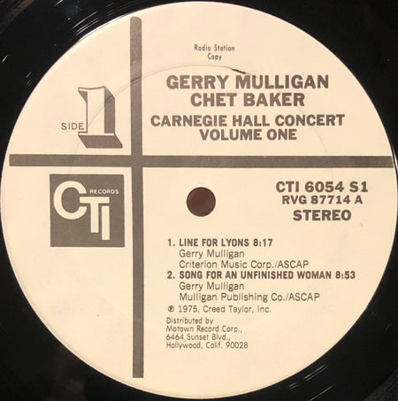 Gerry Mulligan / Chet Baker : Carnegie Hall Concert Volume 1 (LP, Album, Promo)