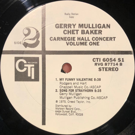Gerry Mulligan / Chet Baker : Carnegie Hall Concert Volume 1 (LP, Album, Promo)