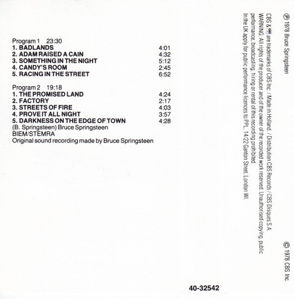 Bruce Springsteen : Darkness On The Edge Of Town (Cass, Album, RE)