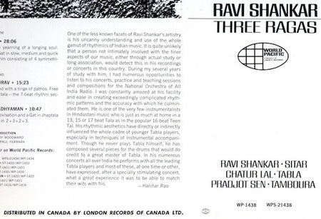 Ravi Shankar : Three Ragas (LP, Album)