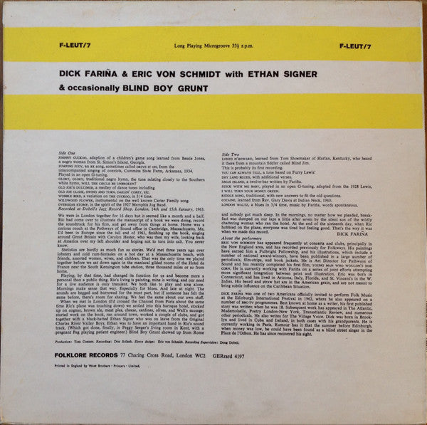 Richard Farina & Eric Von Schmidt : Dick Fariña & Eric Von Schmidt (LP, Album, Mono, Ltd)