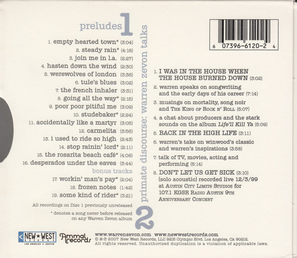 Warren Zevon : Preludes - Rare And Unreleased Recordings (2xCD, Album, Ltd)
