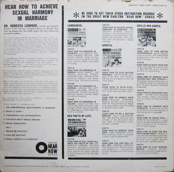 Dr. Rebecca Liswood : Hear How To Achieve Sexual Harmony In Marriage (LP)