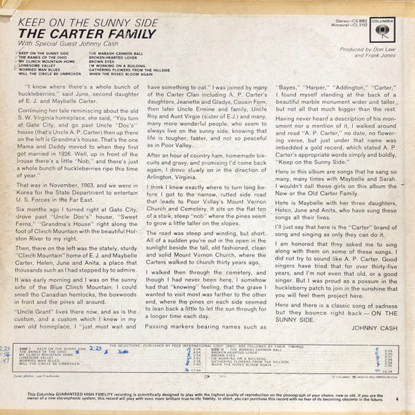The Carter Family With Special Guest Johnny Cash : Keep On The Sunny Side (LP, Album, Mono, Ter)
