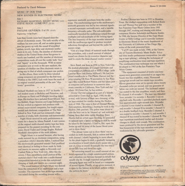 Steve Reich / Richard Maxfield / Pauline Oliveros : New Sounds In Electronic Music (Come Out / Night Music / I Of IV) (LP, Pit)