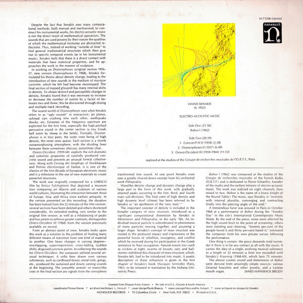 Iannis Xenakis : Electro-Acoustic Music (LP, RM, RP)