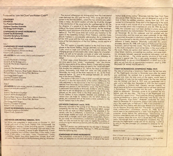 Igor Stravinsky, Orpheus Chamber Orchestra, Gregg Smith Singers, Columbia Symphony Orchestra, Robert Craft : Les Noces / Chant Du Rossignol / Symphonies Of Wind Instruments (LP, Album)