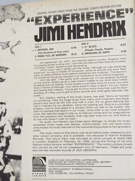 Jimi Hendrix : Original Sound Track 'Experience' (LP, Album, Gat)