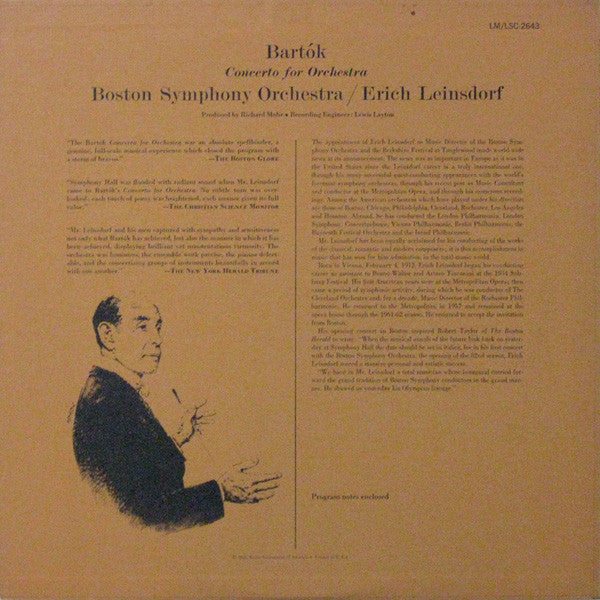 Bartók* / Boston Symphony Orchestra / Erich Leinsdorf : Concerto For Orchestra (LP, Mono)