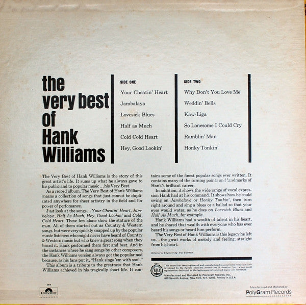 Hank Williams : The Very Best Of Hank Williams (LP, Comp, RE, PRC)
