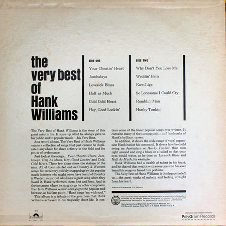 Hank Williams : The Very Best Of Hank Williams (LP, Comp, RE, PRC)
