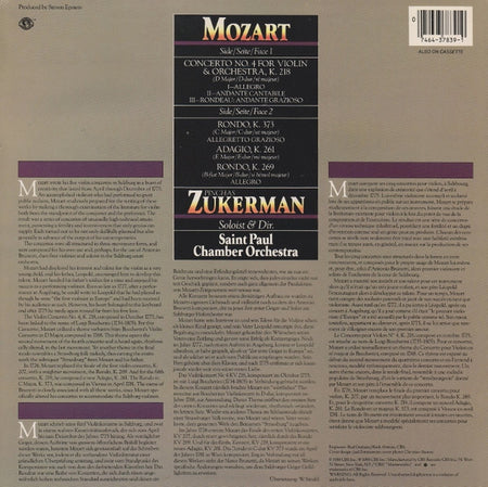 Wolfgang Amadeus Mozart - Pinchas Zukerman, The Saint Paul Chamber Orchestra : Violin Concerto No. 4, K. 218 (LP, Album)