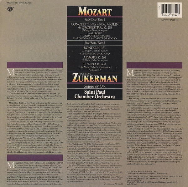 Wolfgang Amadeus Mozart - Pinchas Zukerman, The Saint Paul Chamber Orchestra : Violin Concerto No. 4, K. 218 (LP, Album)