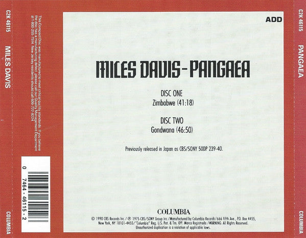Miles Davis : Pangaea (2xCD, Album, RE, RM)