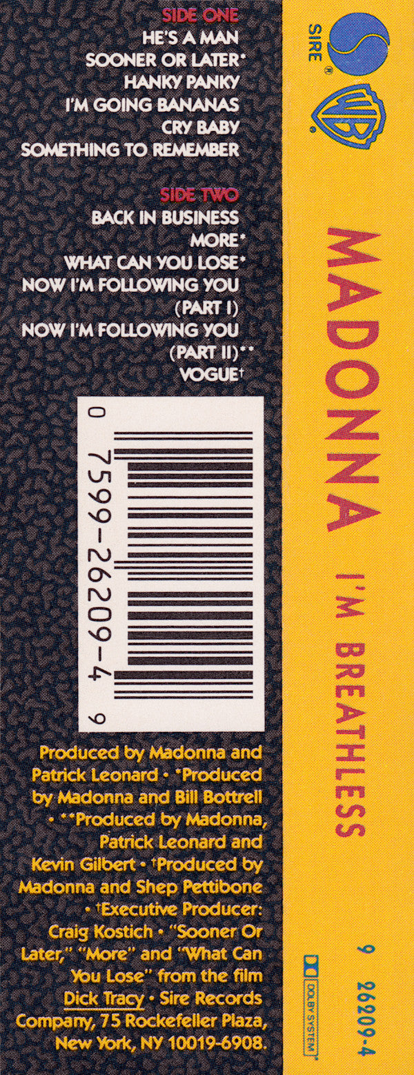 Madonna : I'm Breathless (Music From And Inspired By The Film Dick Tracy) (Cass, Album, SR,)