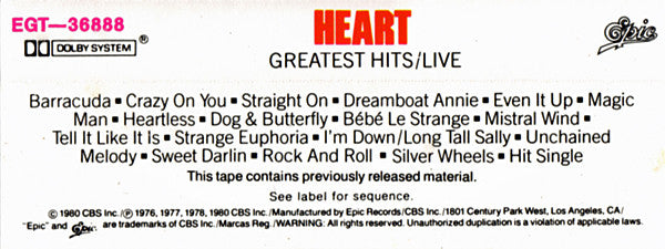 Heart : Greatest Hits/Live (Cass, Comp)