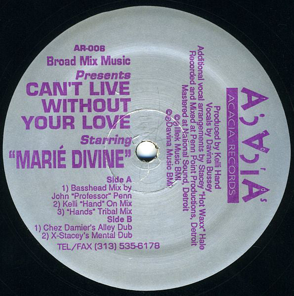 Broad Mix Music Starring Marie Divine : Can't Live Without Your Love (12")