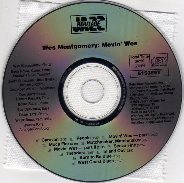 Wes Montgomery : Movin' Wes (CD, Album, Club, RE, RM)