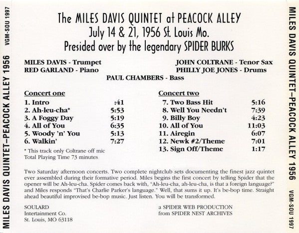 The Miles Davis Quintet : At Peacock Alley 1956 (CD, Unofficial)