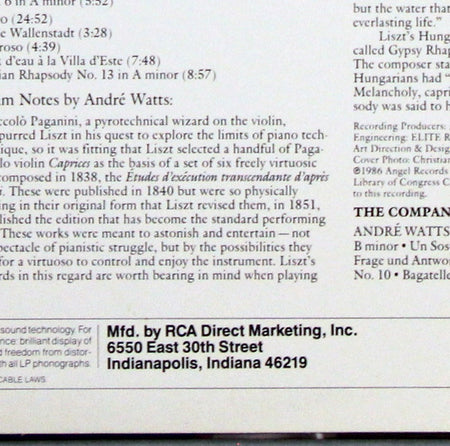 André Watts : André Watts Plays Liszt (Album 1) (LP, Album, Club, RCA)