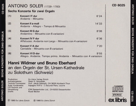 Padre Antonio Soler, Hanni Widmer Und Bruno Eberhard : Sechs Konzerte Für Zwei Orgeln (CD, Album, RE)