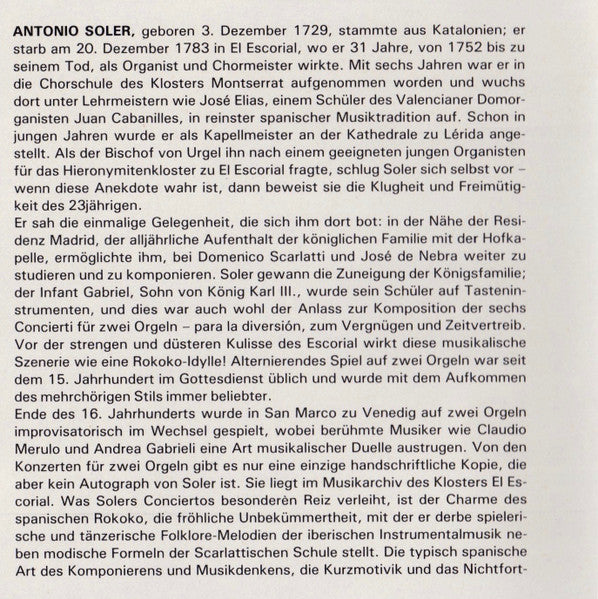 Padre Antonio Soler, Hanni Widmer Und Bruno Eberhard : Sechs Konzerte Für Zwei Orgeln (CD, Album, RE)