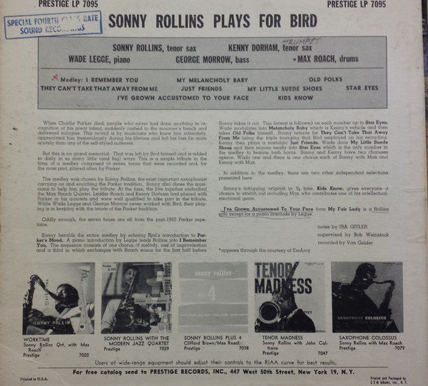 Sonny Rollins Quintet With Kenny Dorham And Max Roach : Rollins Plays For Bird (LP, Album, Mono, RP)